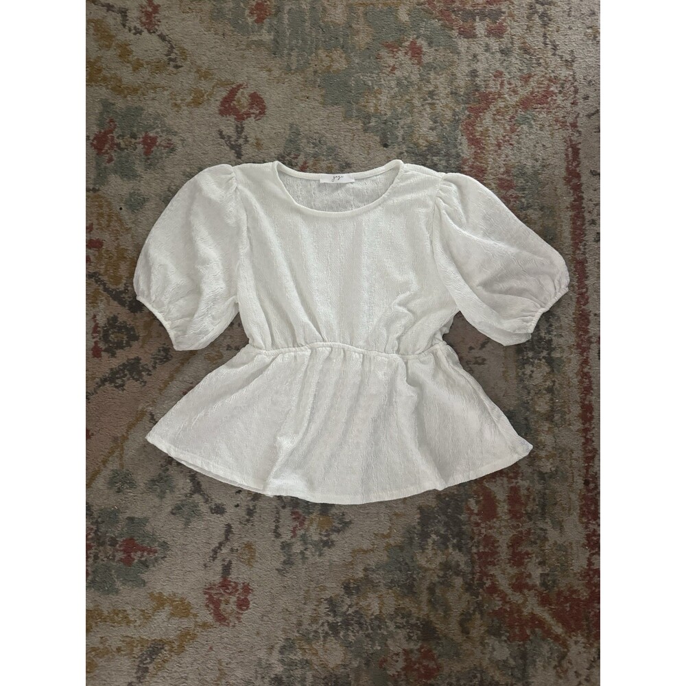 Gage White Peplum Top | Puff Sleeve Blouse Size L (Fits Small/Medium)